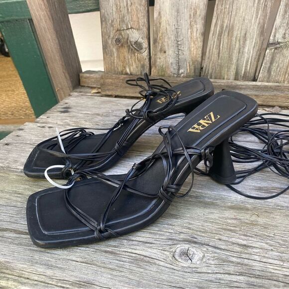 Zara black tied heel leather sandals size 7 - Picture 1 of 11